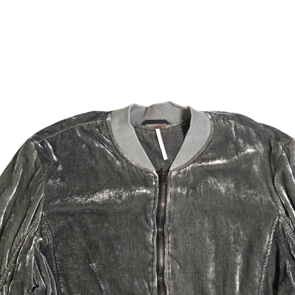 Free People Ruched Velvet Bomber Jacket Gray Zip-Up Size L - Picture 7 of 16